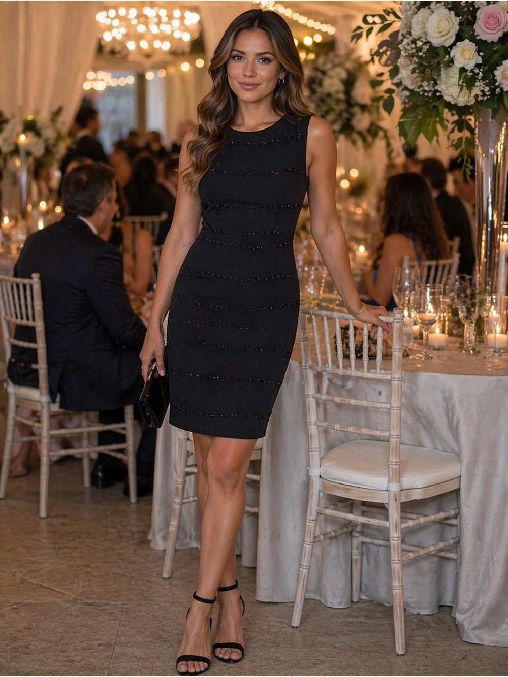 Evan Picone Very Black Beaded & Embroidered Sleeveless Sheath Dress Size 12